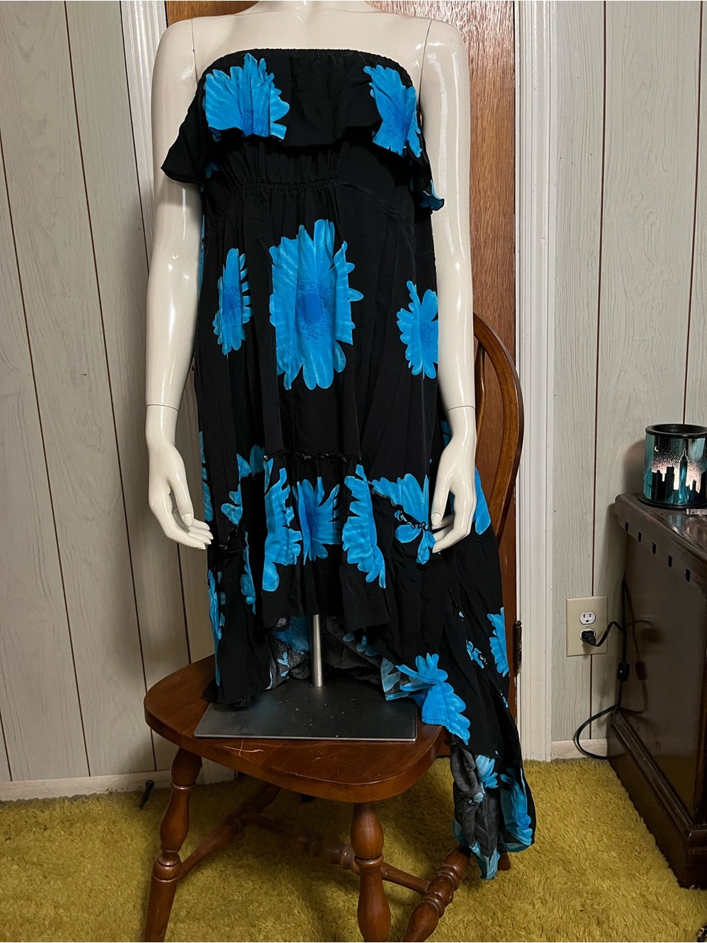 Strapless High Low Black Dress with Bright Blue Floral Print